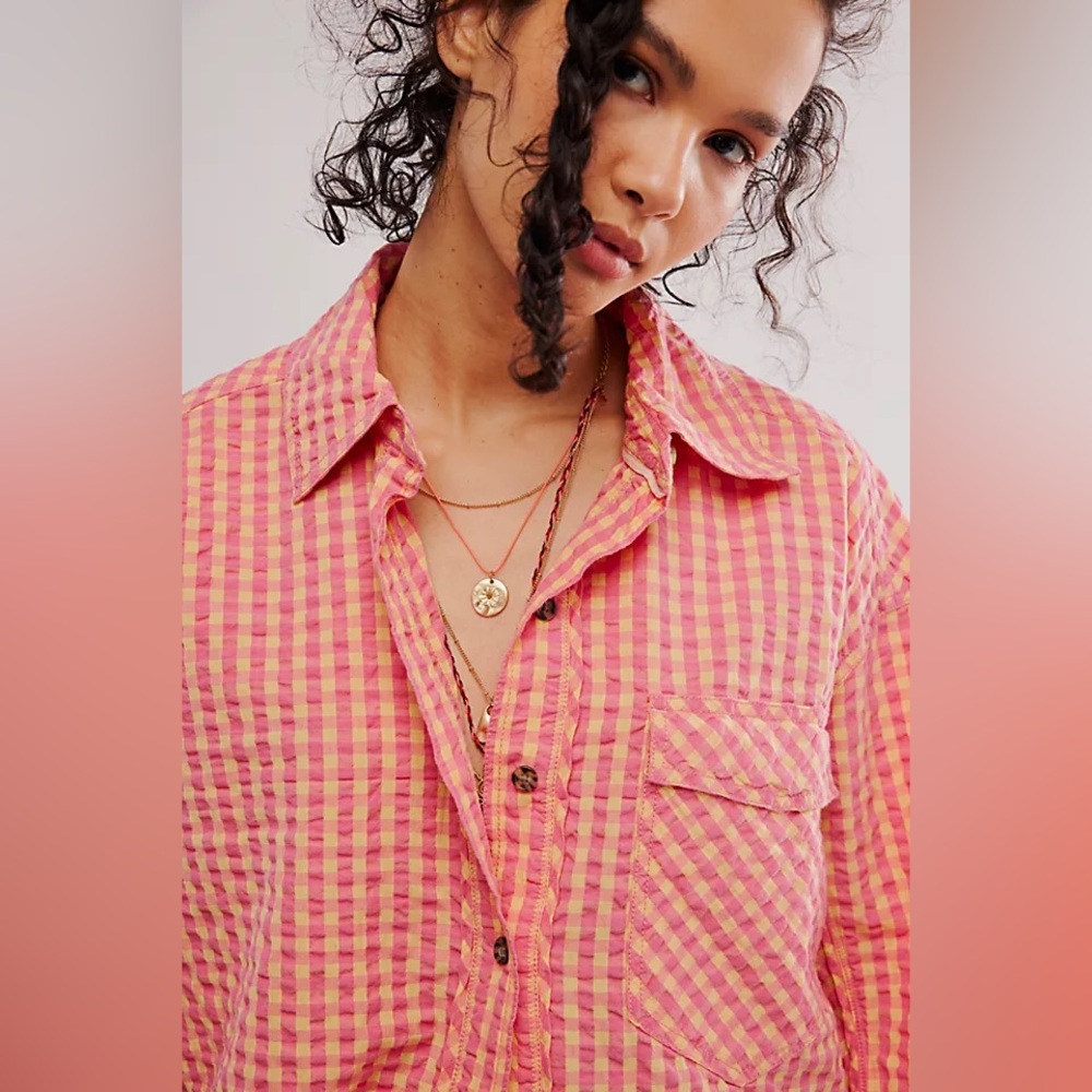 Free People Pink and Orange Checkered Shirt